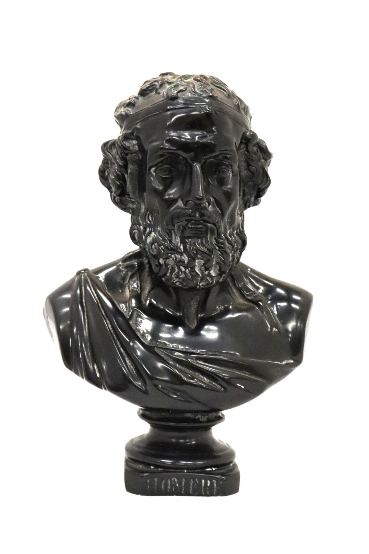 A HEAVY RESIN BUST OF CLASSICAL GREEK POET TITLED - 'HOMERE', HEIGHT 30 CM