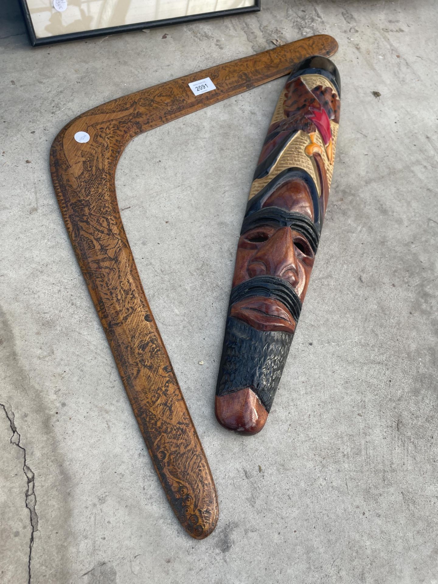 A TREEN BOOMERANG, A TRIBAL WALL HANGING AND A FRAMED ORIENTAL PRINT - Image 3 of 3