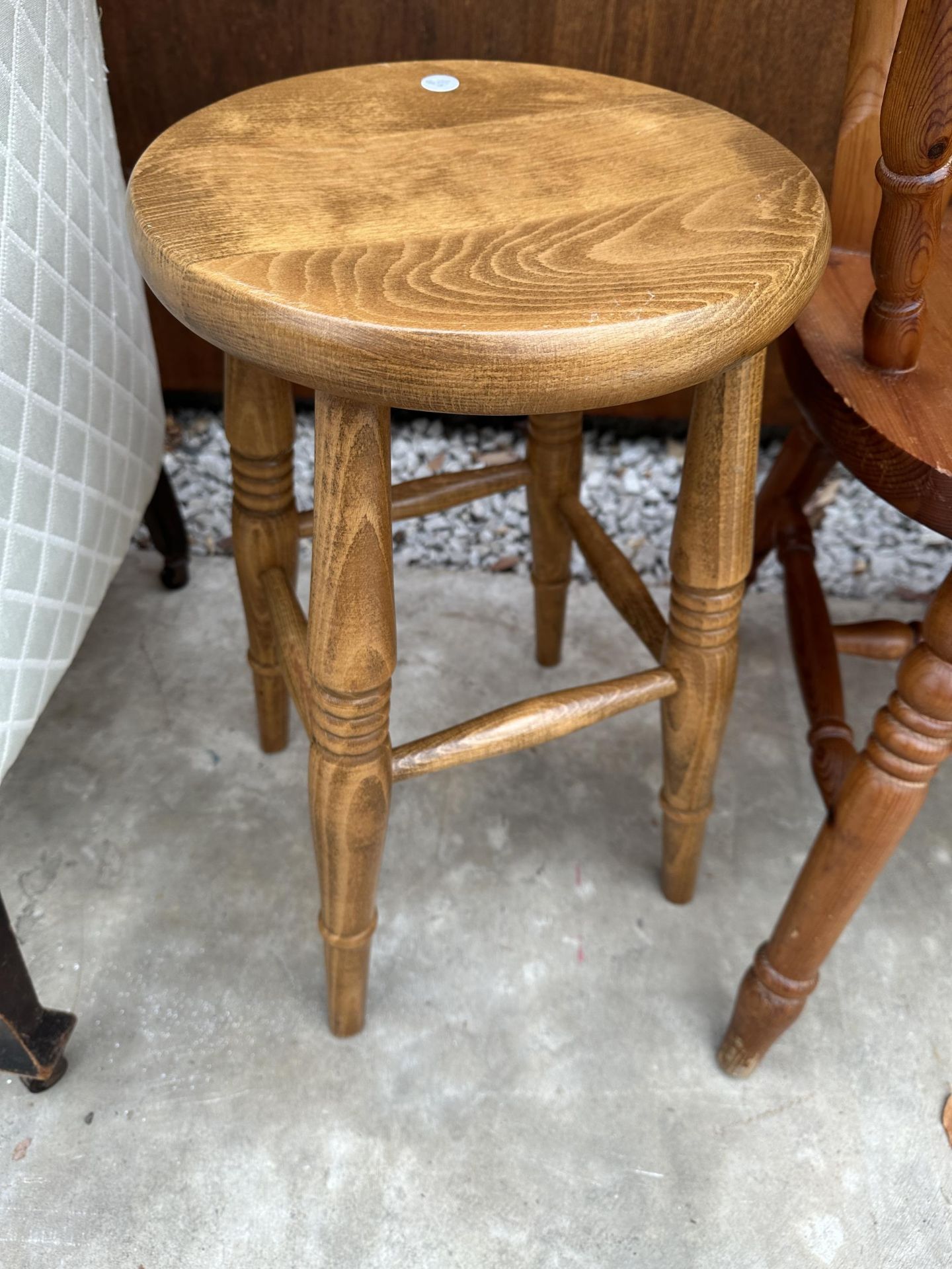 A MODERN PINE ELBOW CHAIR AND BEECH STOOL - Image 4 of 4