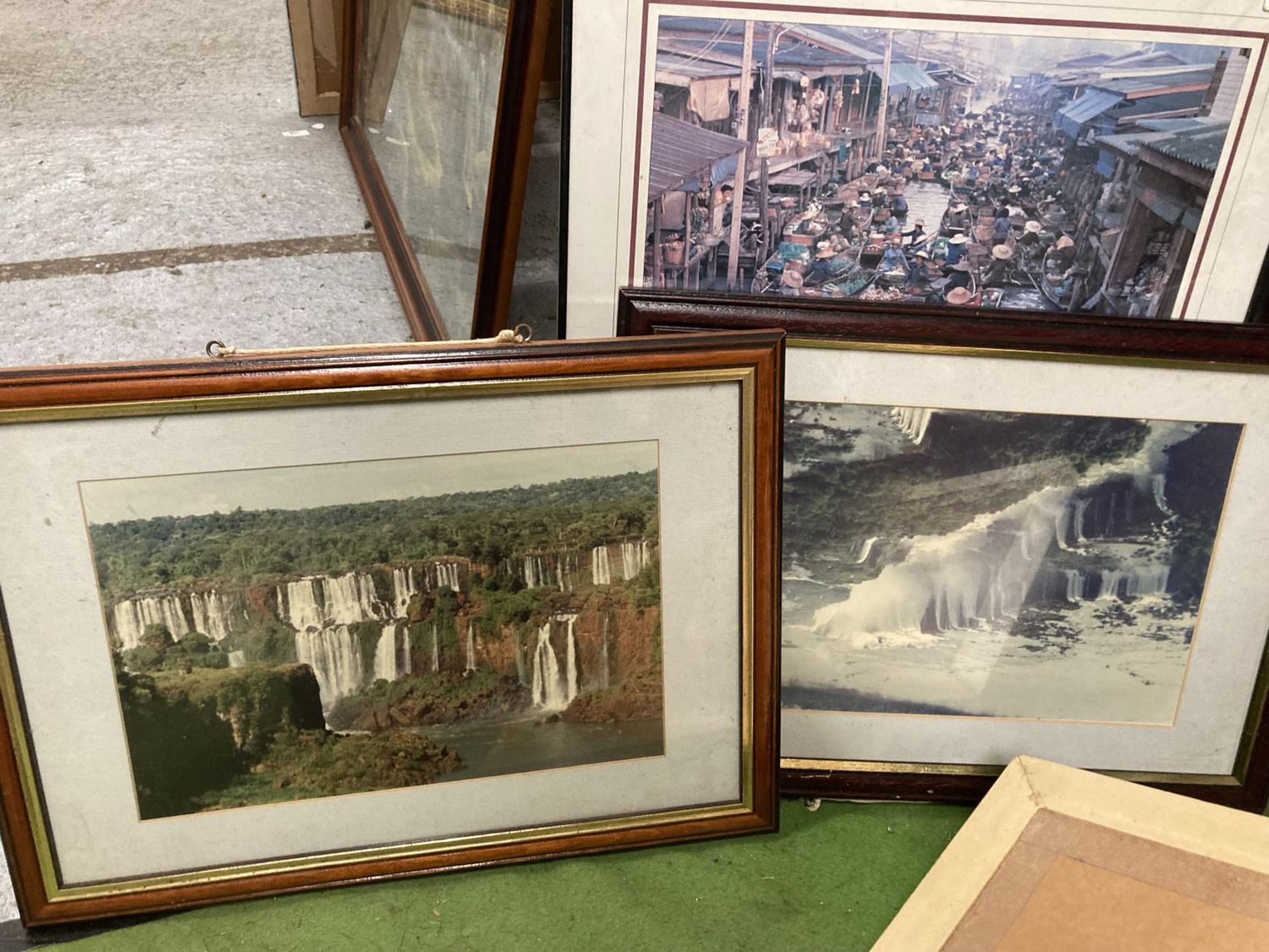 TWOFRAMED PHOTO'S OF WATERFALL SCENES TOGETHER WITH A FRAMED PRINT OF THE "FLOATING MARKET" AND A - Bild 2 aus 3