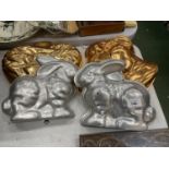 FOUR VINTAGE STYLE MOULDS, TWO TIN RABBITS, AND TWO COPPER