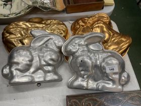 FOUR VINTAGE STYLE MOULDS, TWO TIN RABBITS, AND TWO COPPER