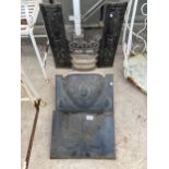 A VINTAGE DECORATIVE FIRE FRONT GRATE AND TWO FIRE HOODS