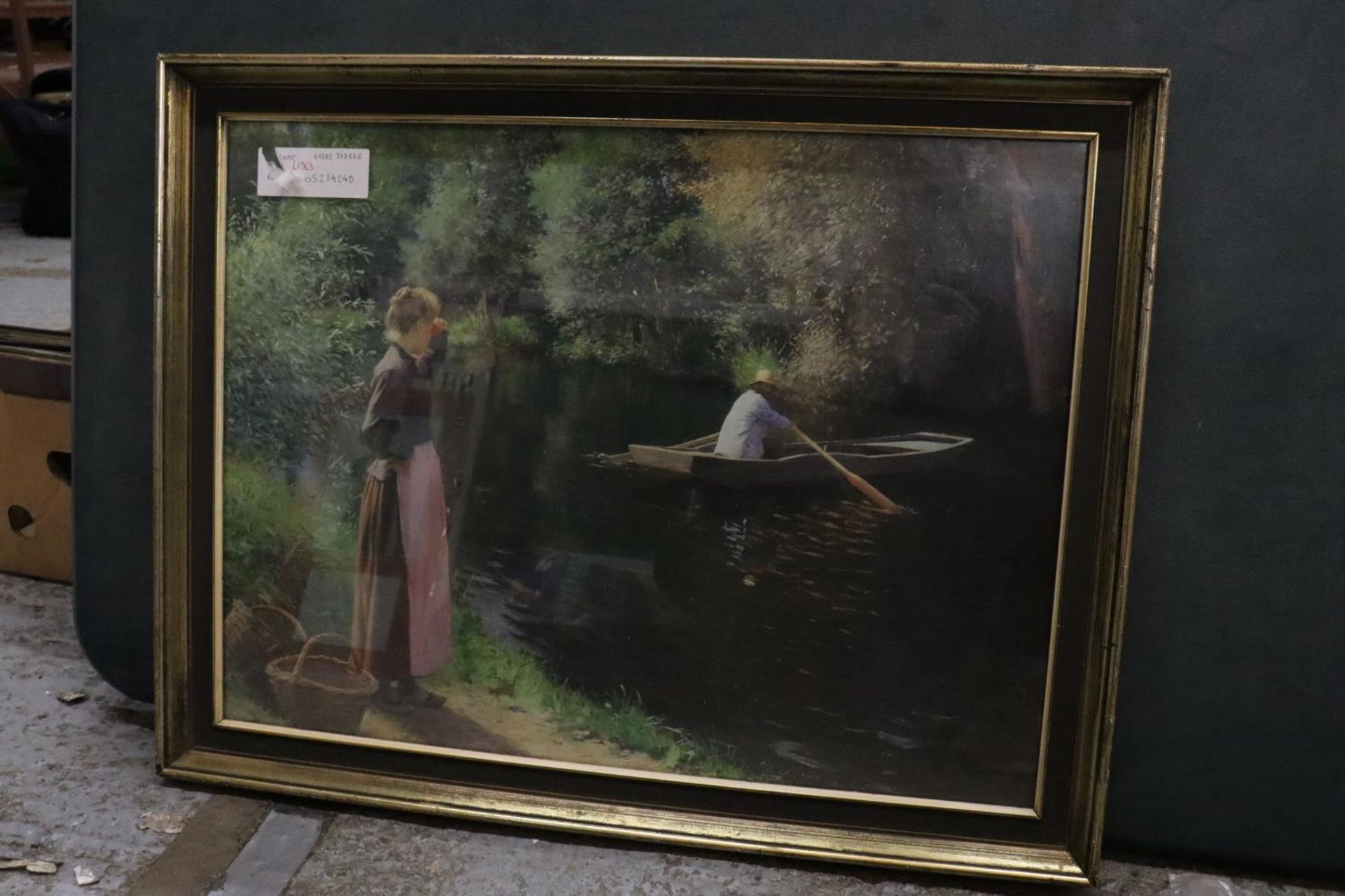 A FRAMED PRINT OF VINTAGE BOATING SCENE ON A LAKE WITH A LADY LOOKING ON, 71CM X 55CM - Image 2 of 5