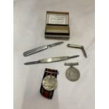 A 1939/45 MILITARY MEDAL, A DEFENCE MEDAL AND TWO PENKNIVES