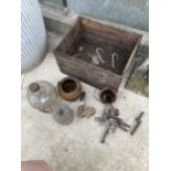 AN ASSORTMENT OF VINTAGE ITEMS TO INCLUDE GLUE POTS, A GLASS FLAGGON AND HOOKS ETC