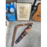 A TREEN BOOMERANG, A TRIBAL WALL HANGING AND A FRAMED ORIENTAL PRINT