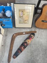 A TREEN BOOMERANG, A TRIBAL WALL HANGING AND A FRAMED ORIENTAL PRINT