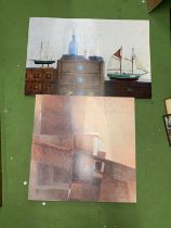 TWO PRINTS ON CANVAS TO INCLUDE AN ABSTRACT AND MODEL BOATS
