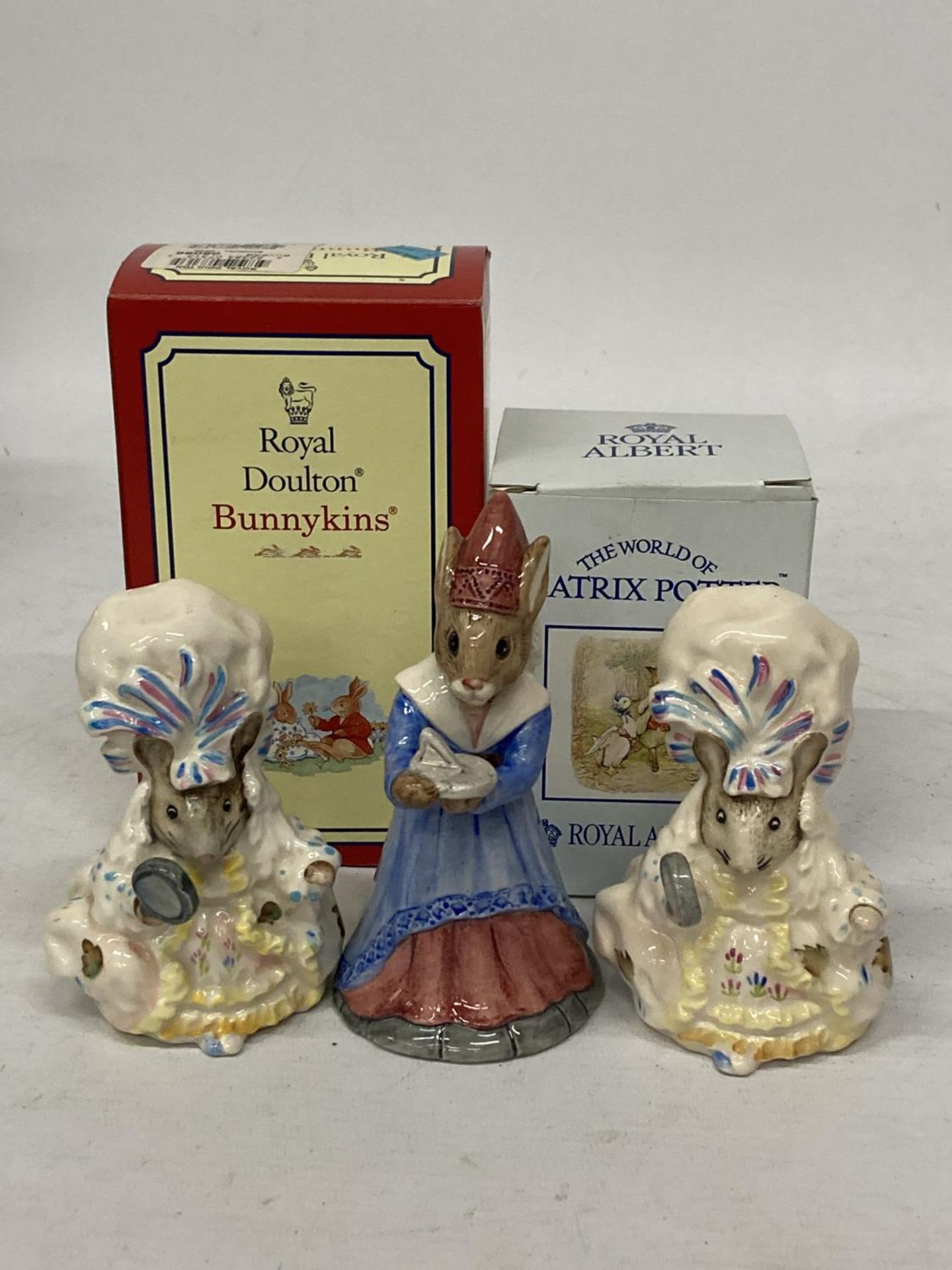 THREE BEATRIX POTTER FIGURES, BESWICK "LADY MOUSE" ROYAL DOULTON "SUNDIAL BUNNYKINS" AND ROYAL