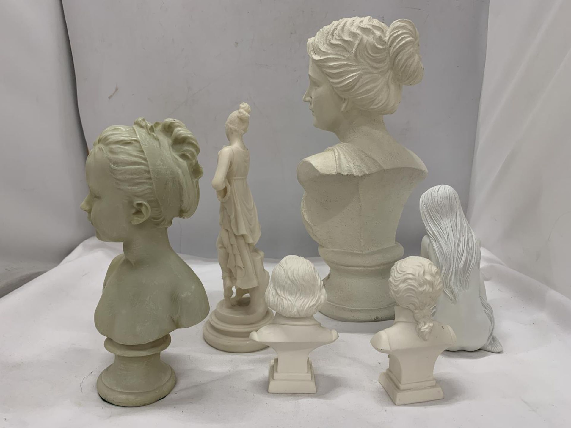 FOUR BUSTS OF FIGURES PLUS TWO LADY FIGURINES - Image 3 of 3