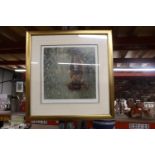 A FRAMED LIMITED EDITION PRINT "SWINGING BORNEO - ORANGUTAN" MOUNTED BY TONY FORREST - 123/395 -