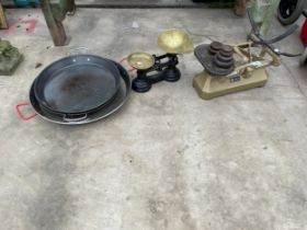 AN ASSORTMENT OF ITEMS TO INCLUDE TWO SETS OF BALANCE SCALES AND PANS ETC