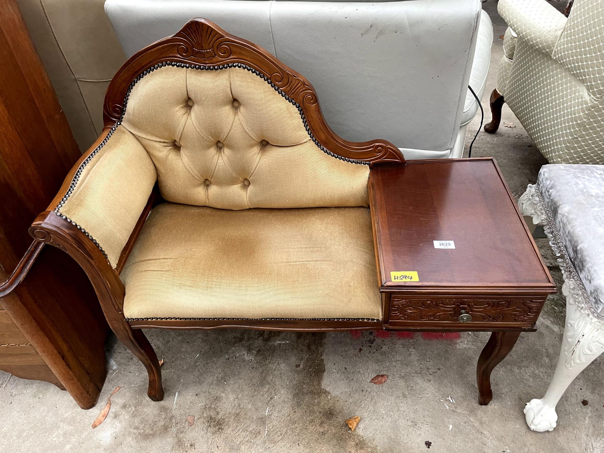 A BUTTON BACK TELEPHONE SEAT/TABLE WITH SINGLE DRAWER