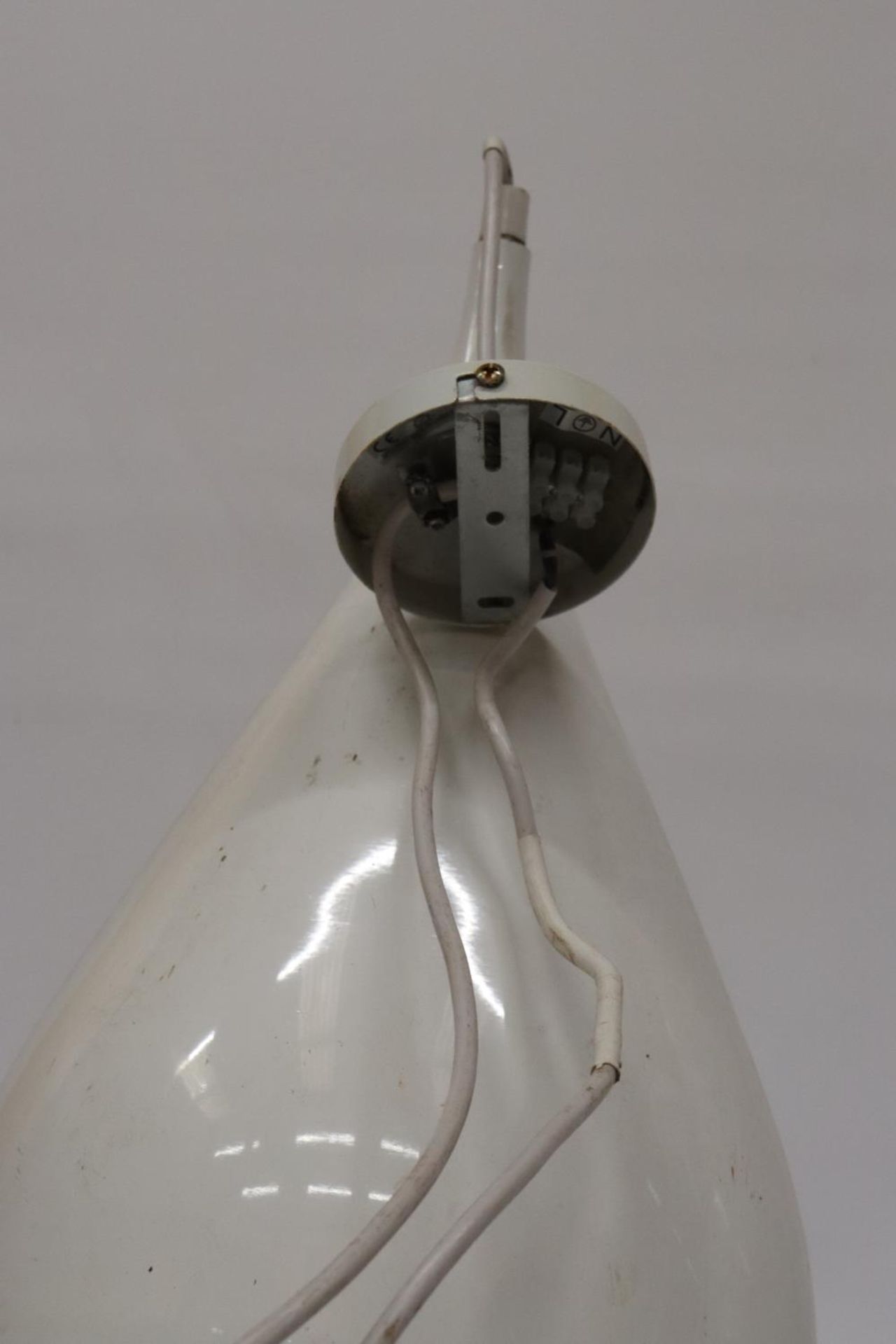 A PAIR OF INDUSTRIAL WHITE, METAL PEARL DROP LIGHTS, HEIGHT 43CM - Image 4 of 6