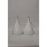 A PAIR OF INDUSTRIAL WHITE, METAL PEARL DROP LIGHTS, HEIGHT 43CM