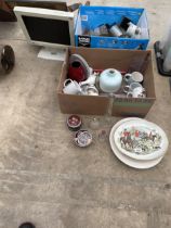 AN ASSORTMENT OF ITEMS TO INCLUDE CERAMICS AND GLASS WARE AND A COMPUTER MONITOR ETC