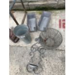 AN ASSORTMENT OF METAL PLANTERS AND A WALL MOUNTED METAL CANDLE HOLDER ETC