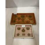 A FRAMED COLLECTION OF CHESHIRE REGIMENT BADGES AND A FRAMED COLLECTION OF ROYAL MARINES BADGES