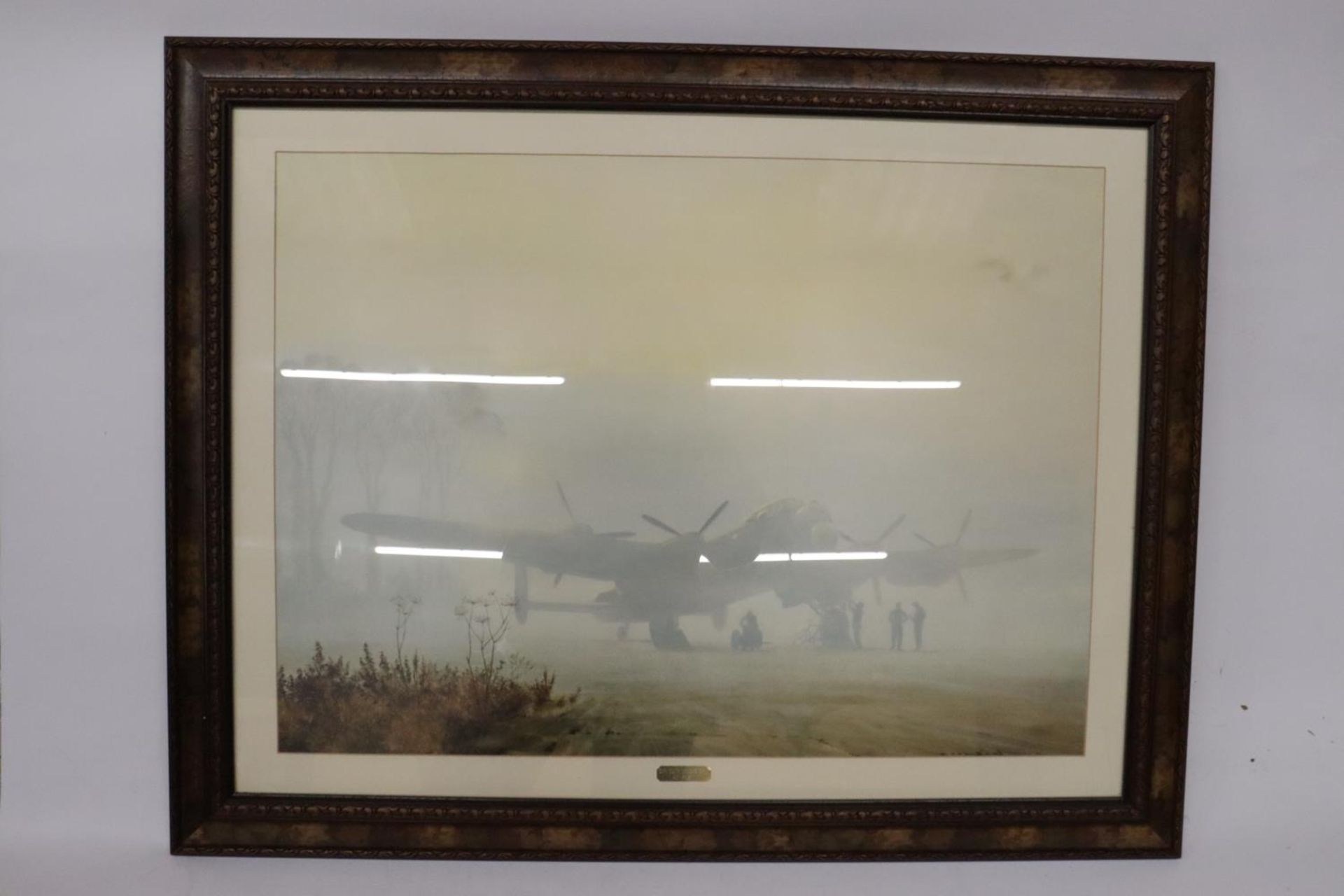 A FRAMED COLOURED PRINT 'OFF DUTY LANCASTER AT REST', 56 X 75CM - Image 3 of 4