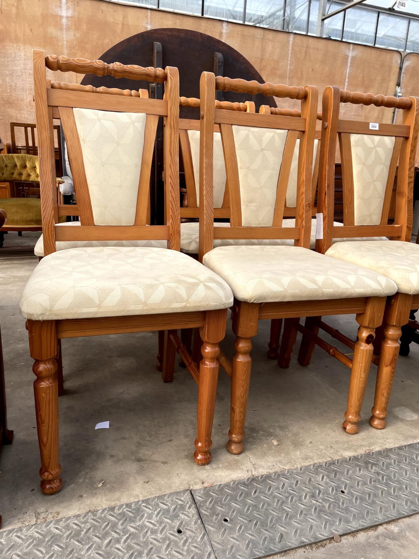 A SET OF FOUR MODERN PINE DINING CHAIRS WITH UPHOLSTERED SEATS AND BACKS - Image 2 of 2