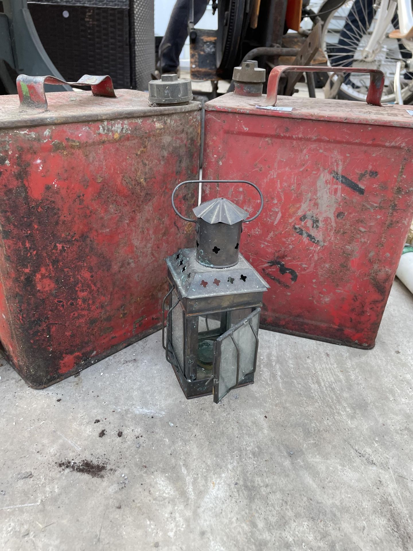 TWO VINTAGE FUEL CANS AND A CANDLE LANTERN - Image 2 of 2
