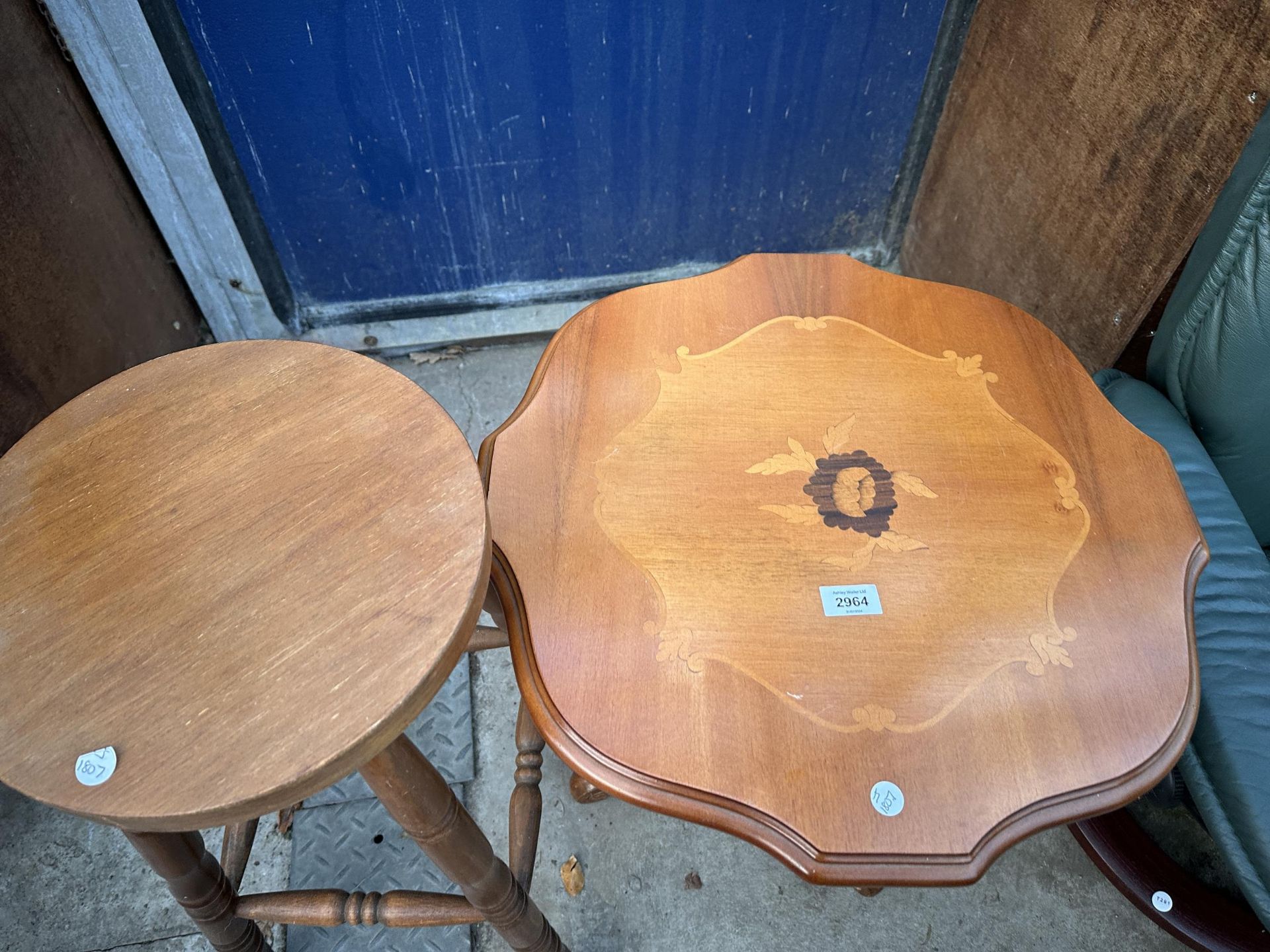A PINE STOOL AND AN ITALIAN INLAID MAHOGANY WINE TABLE - 21" DIAMETER - Image 2 of 3
