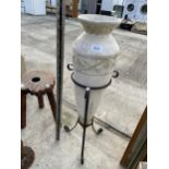 A DECORATIVE POT GARDEN URN WITH METAL TRIPOD STAND (H:76CM)