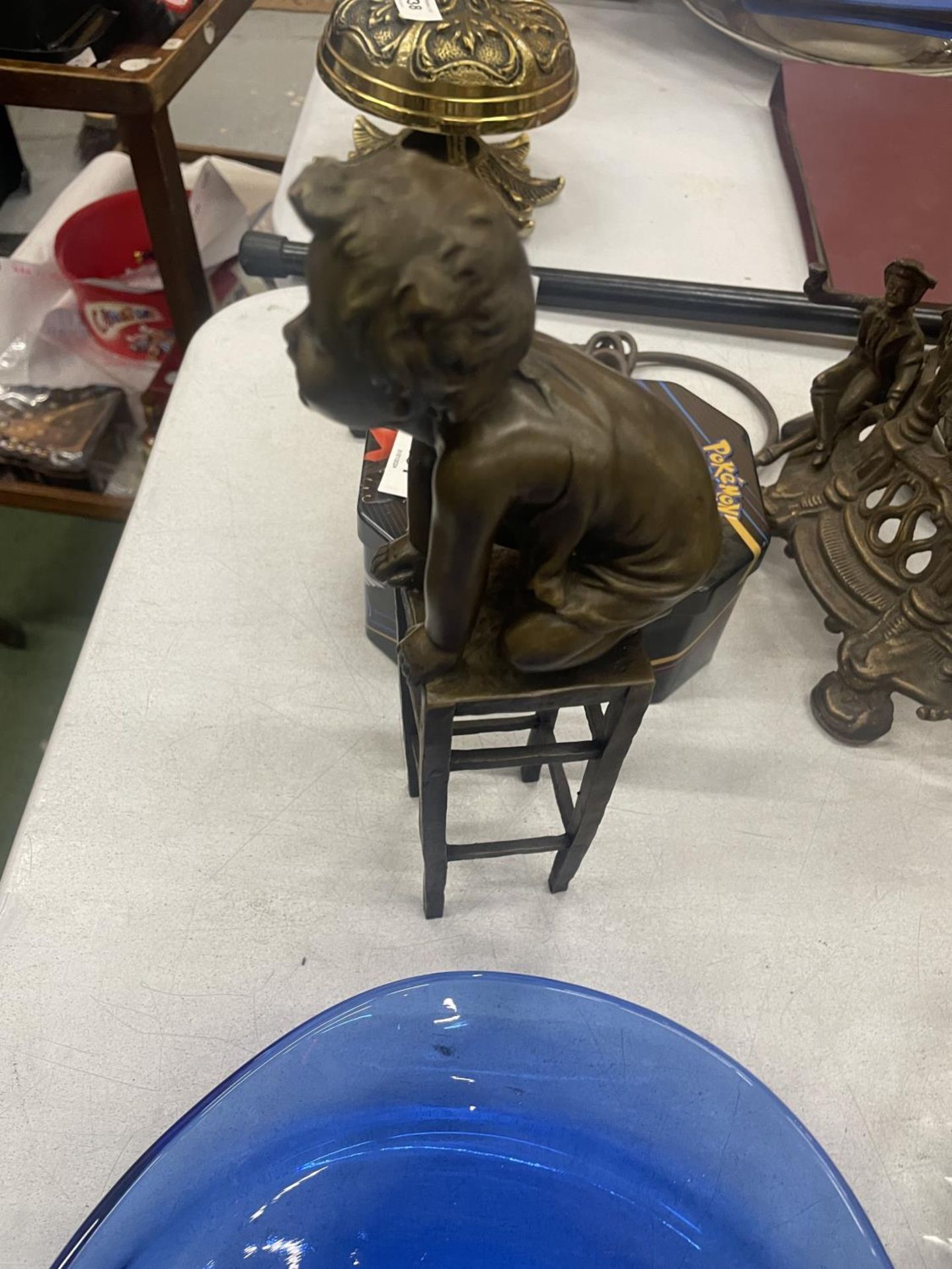 A BRONZE MODEL OF A CHILD KNEELING ON A STOOL SIGNED - Image 2 of 4