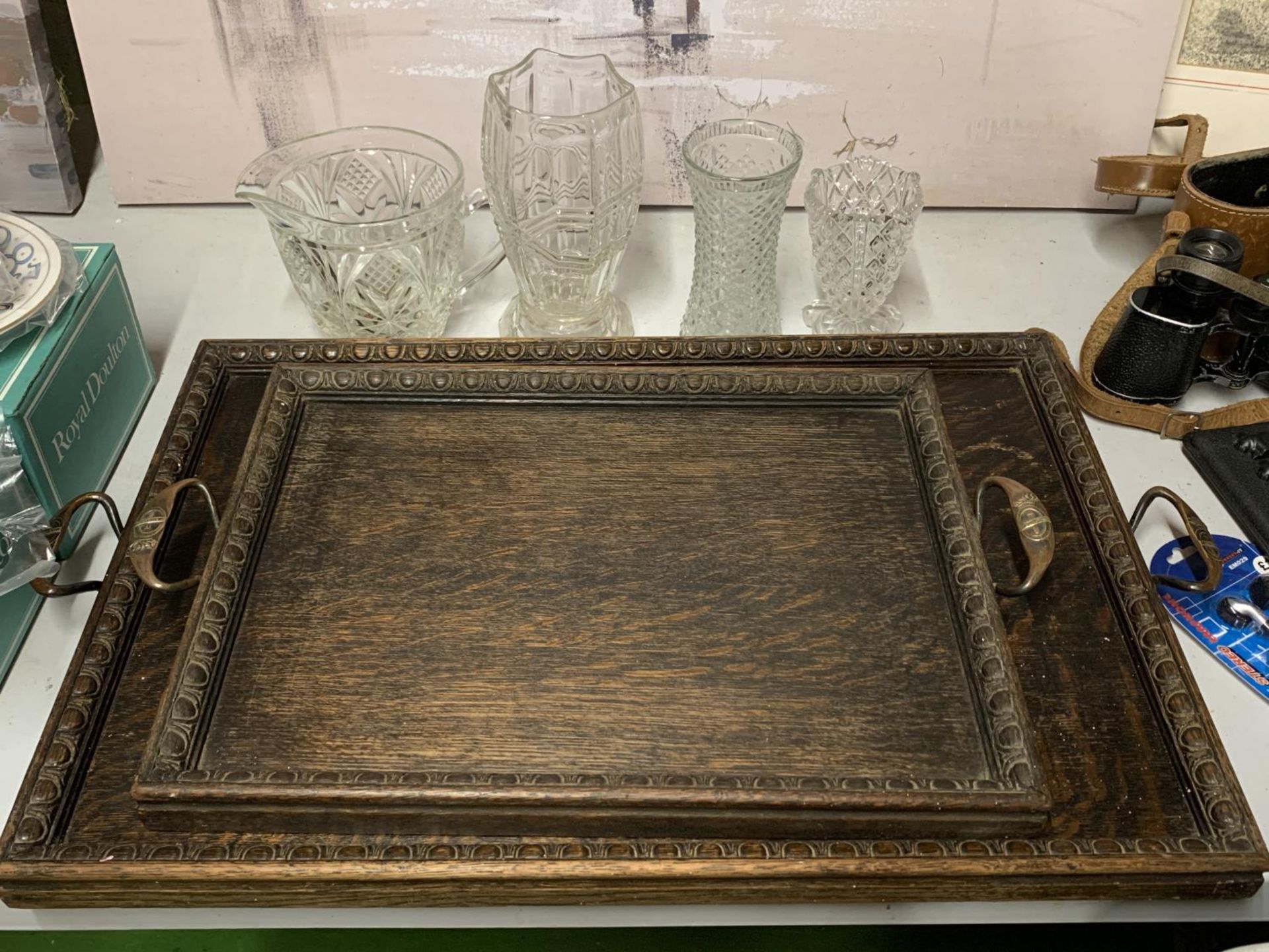 TWO VINTAGE OAK TRAYS WITH COPPER HANDLES STAMPED 'DUNSTAN', GLASS VASES, ETC