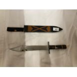 A BOWIE KNIFE AND SCABBARD WITH 25.5CM BLADE