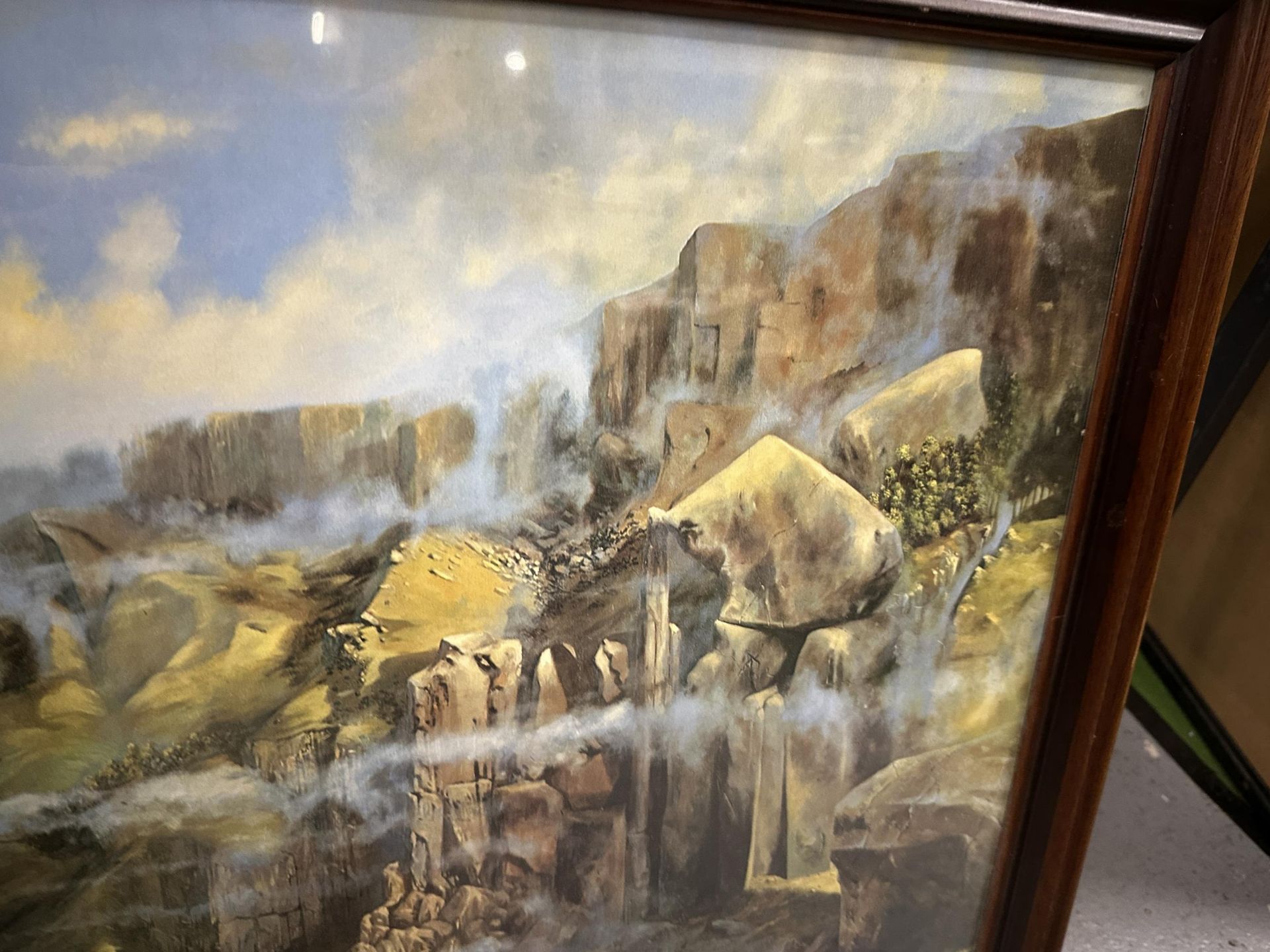 A FRAMED PRINT OF A MEDIEVAL KNIGHT IN ARMOUR IN A MOUNTAINOUS LANDSCAPE - Image 3 of 5