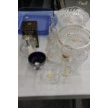 A QUANTITY OF GLASSWARE TO INCLUDE BOWLS, SCENT BURNER, BELL, SUGAR BOWL, ETC.,