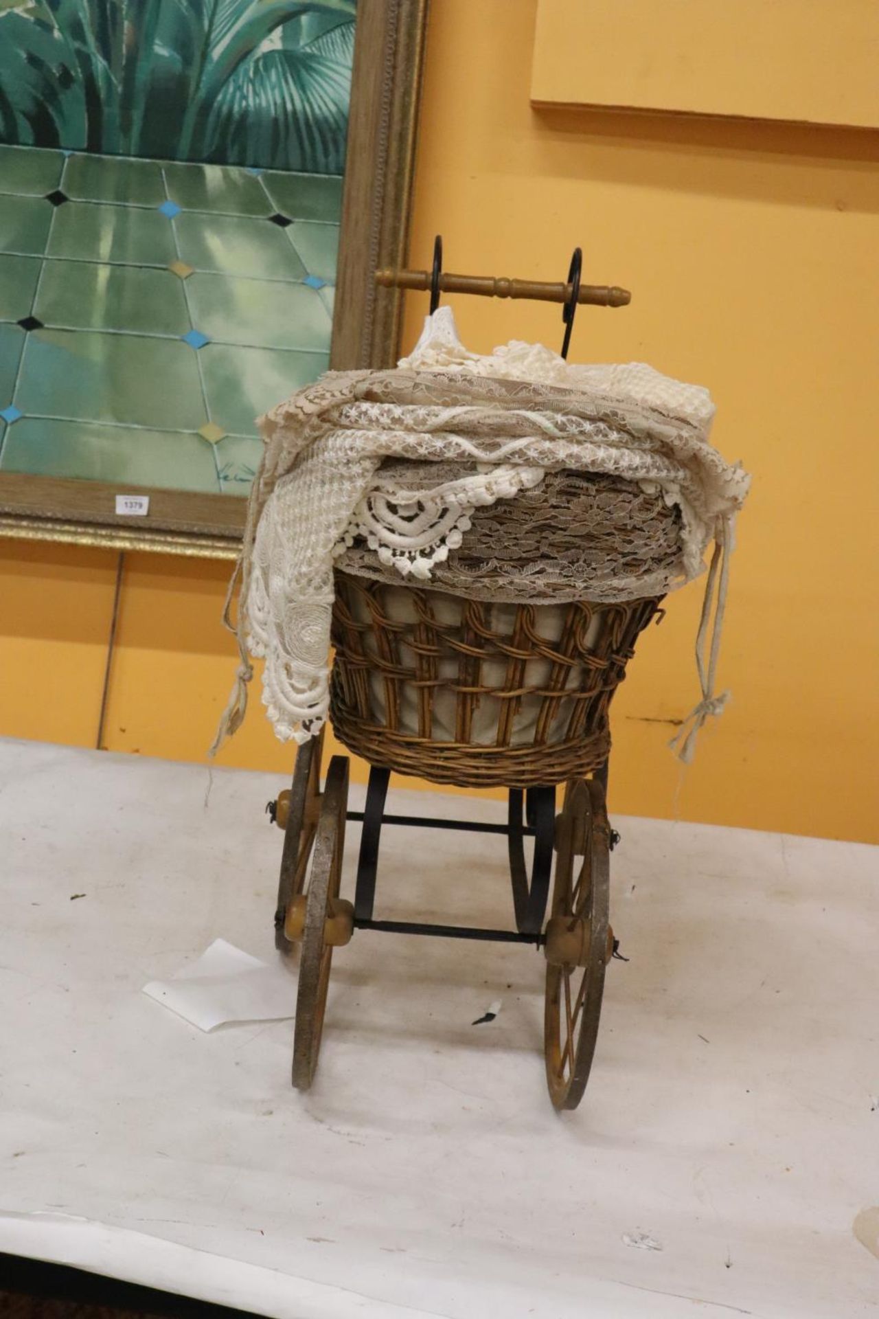 A VICTORIAN CHILD'S PRAM WITH LACE COVERS - Image 3 of 5