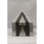 A VINTAGE WOOD AND METAL PYRAMID SHAPED BOX, HEIGHT 38CM