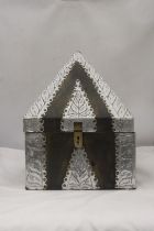 A VINTAGE WOOD AND METAL PYRAMID SHAPED BOX, HEIGHT 38CM