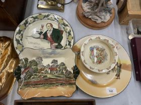FOUR PIECES OF ROYAL DOULTON TO INCLUDE A BUNNYKINS BOWL, TWO CABINET PLATES AND A BOWL