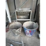 THREE GALVANISED ITEMS TO INCLUDE TWO BUCKETS AND A THREE TIER PLANTER