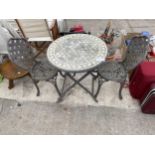 A METAL BISTRO SET COMPRISNG OF TWO CHAIRS AND A TILE TOP TABLE