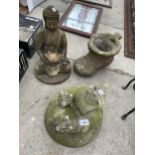 THREE CONCRETE GARDEN ITEMS TO INCLUDE A BOOT PLANTER AND A BUDDHA ETC