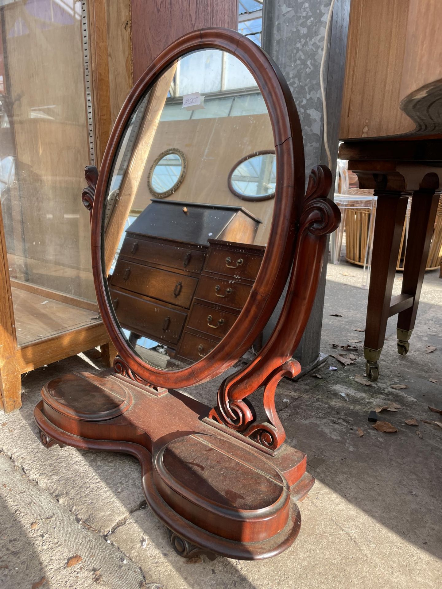 A VICTORIAN MAHOGANY OVAL SWING FRAME DRESSING MIRROR WITH TWO JEWELLERY COMPARTMENTS - Image 2 of 3