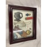 A TABLE TOP DISPLAY CABINET/FRAME WITH VARIOUS VINTAGE CONTENTS 28CM ACROSS