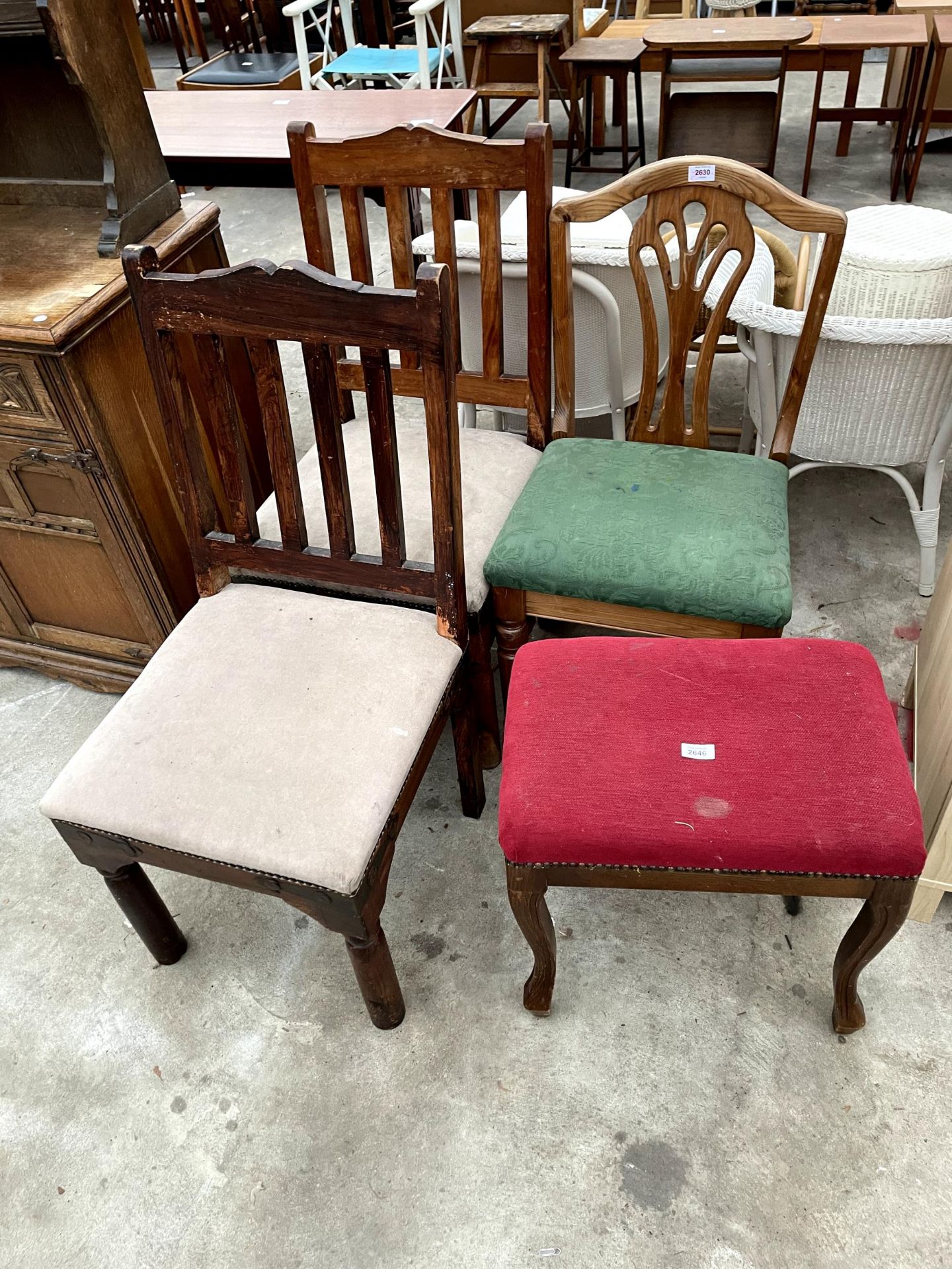 THREE VARIOUS DINING CHAIRS AND A STOOL