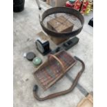 AN ASSORTMENT OF VINTAGE ITEMS TO INCLUDE SCALES, A WOOD PLANE AND A SIEVE ETC