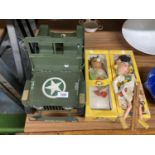 THREE PELHAM PUPPETS IN ORIGINAL BOXES TOGETHER WITH A USA ARMY JEEP