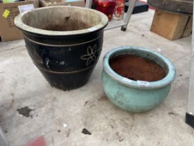 TWO GLAZED GARDEN PLANT POTS