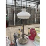 A LARGE VINTAGE THREE BRANCH LAMP WITH RETRO WHITE GLASS SHADE