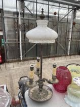 A LARGE VINTAGE THREE BRANCH LAMP WITH RETRO WHITE GLASS SHADE