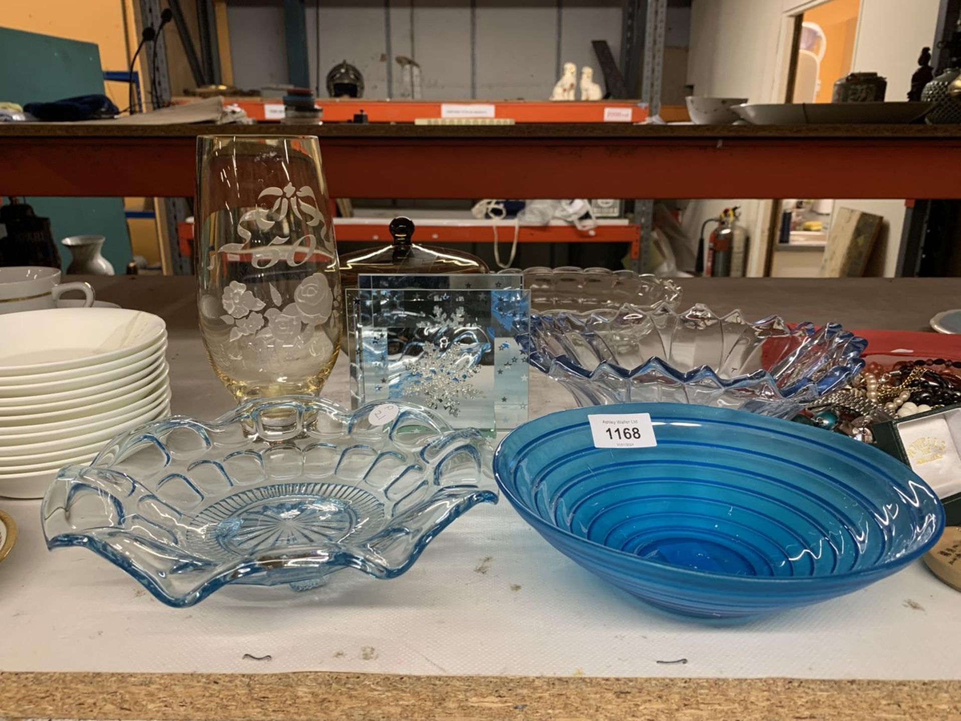 A QUANTITY OF GLASS BOWLS, A VASE, ETC