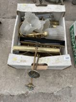 AN ASSORTMENT OF VINTAGE BRASS WALL LIGHT FITTINGS SOME WITH GLASS SHADES